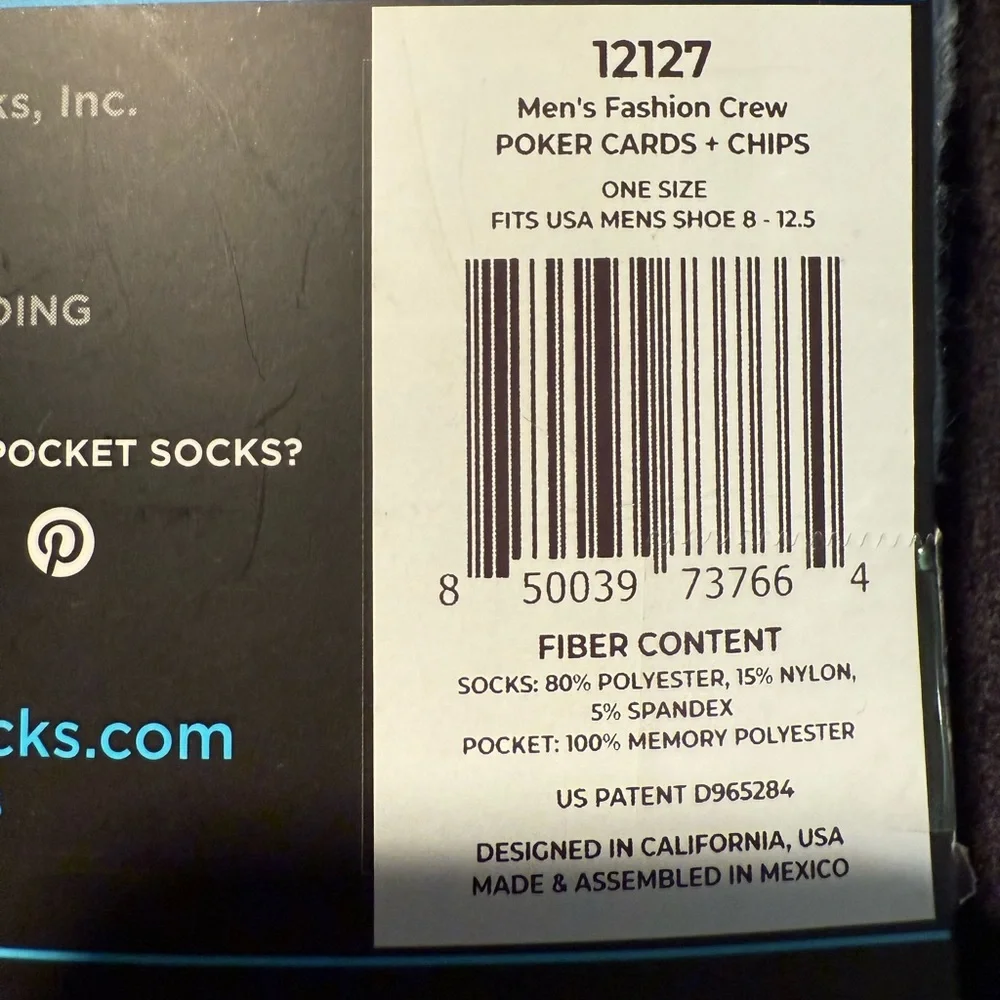 Pocket Socks with Poker Cards and Chips Design Men's Socks NIP
